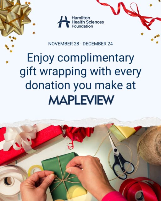 If you hate wrapping presents and love supporting health care in your region, @mapleviewcentre has got you covered! 🎁🎁 Make a donation to Hamilton Health Sciences Foundation (HHSF) at the wrapping booth from November 28 - December 24 to check holiday gifts and charitable giving off your list at the same time. Learn how else you can support HHSF this holiday season at the link in bio. #HamOnt #BurlON #HolidayShopping #HolidayGiving