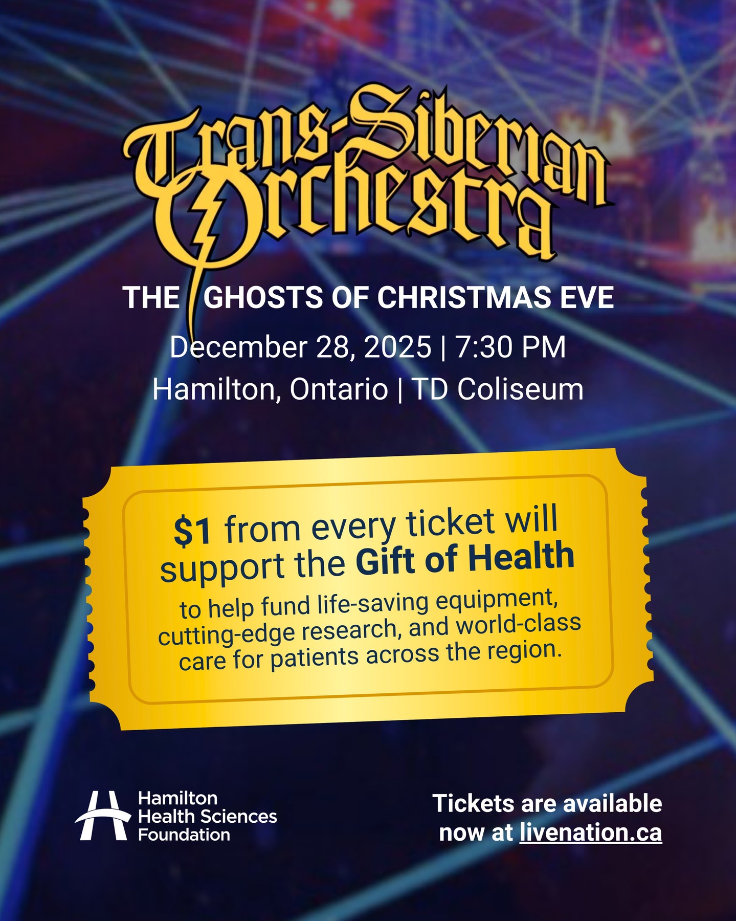 Experience the magic of @transsiberianorchestra and donate to the Gift of Health this holiday season!
$1 from every ticket sold for the 7:30 p.m. showing of Trans-Siberian Orchestra’s performance at @tdcoliseum on December 28 will support Hamilton Health Sciences Foundation's Gift of Health campaign. ✨✨
Tickets are available at livenation.ca
#TSO #GiftOfHealth #CommunityHealth #HamOnt #Donate
