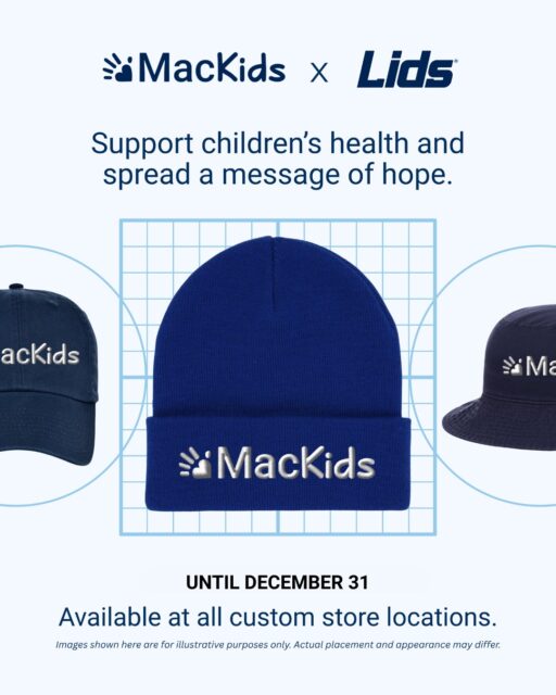 Want to share your support of MacKids with the world? Until December 31, @lids will offer on-demand embroidery of our MacKids logo on any hat available in-store, from snapbacks to bucket hats to toques. 🧢🧢 

You will also have an opportunity to donate to MacKids at checkout. Visit any Lids location to customize your hat and make a donation today! 

Learn more about MacKids at the link in bio. 

#HamiltonHealthSciences #HealthcareHeroes #HamOnt