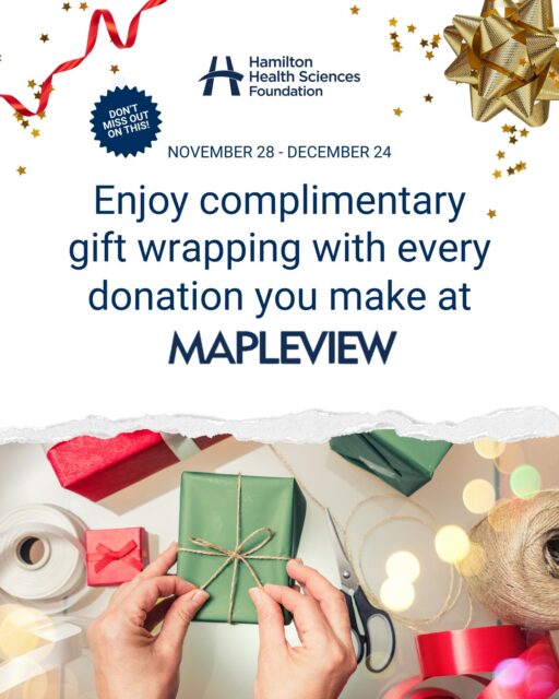 Put a bow on holiday shopping and charitable giving at @mapleviewcentre! 🎁🎁 When you donate to Hamilton Health Sciences Foundation (HHSF) at the wrapping booth (on the Lower Level, near Guest Services) from November 28 - December 24, our team of holiday helpers will wrap your presents for you. 

Learn how else you can support HHSF this holiday season at the link in our bio.

#HamOnt #BurlON #MapleviewCentre