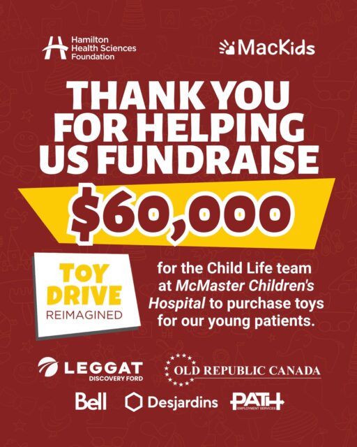 Thank you to everyone who donated to Toy Drive Reimagined! 🎁🎁 This year, you raised $60,000 for the Child Life team to purchase toys and activities that support the developmental and educational needs of our young patients at McMaster Children's Hospital (@mcmasterchildrens).

We are so grateful to our donors and our incredible sponsors: @leggatdiscoveryford, Old Republic Canada, @bell, @desjardinsgroup and @path.employment. Your generosity will create much needed moments of joy for so many children receiving care.

To learn more about MacKids, click the link in bio. 

#ToyDrive #KidsHealth #McMasterChildrensHospital