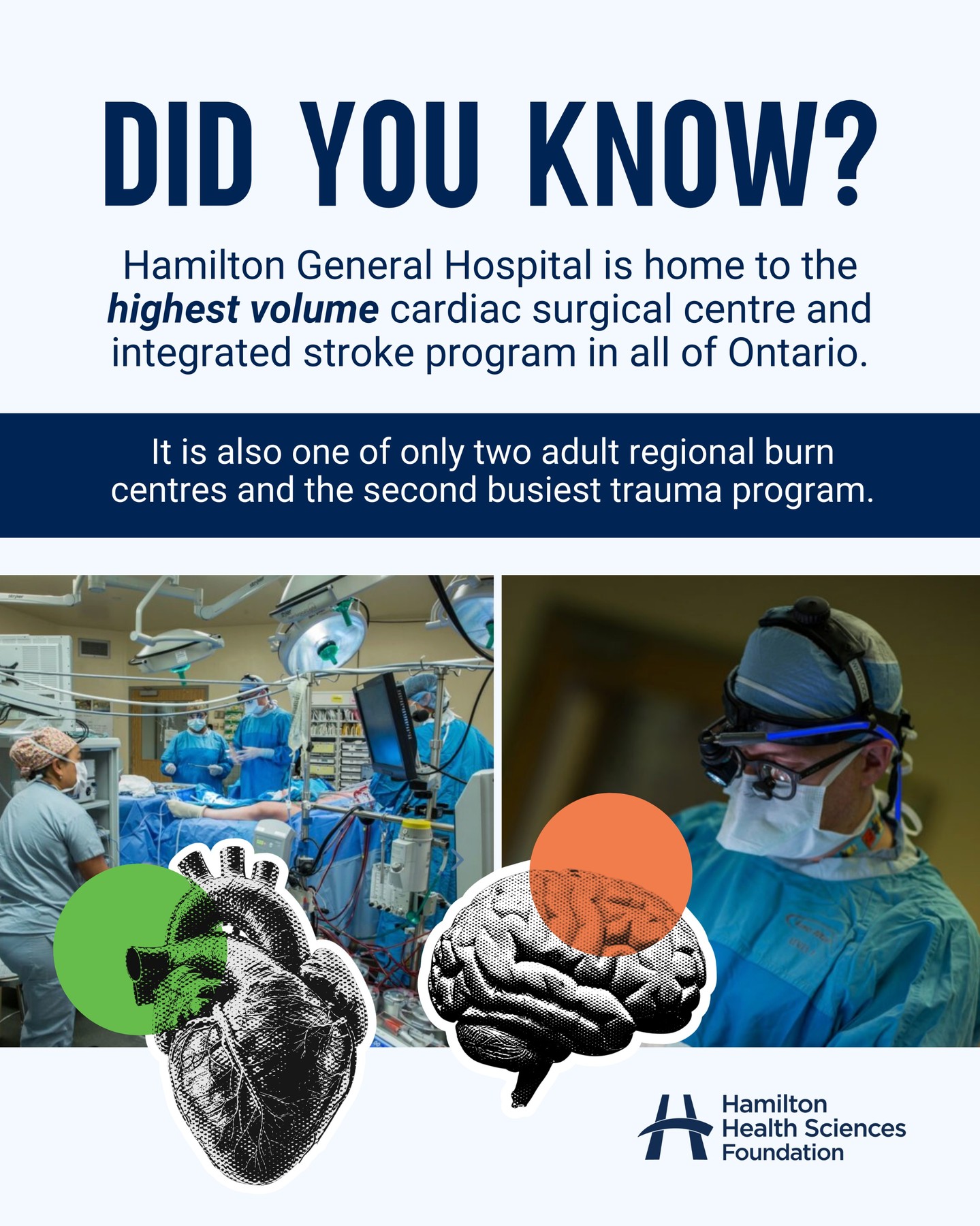 Did you know Hamilton General Hospital (HGH) is a provincial leader in life-saving care? 🏥✨

@hamiltonhealthsciences is home to Ontario's highest volume cardiac surgical centre AND integrated stroke program. Plus, HGH houses one of only two adult regional burn centres in the region and the second busiest trauma program. 🫀🧠

We are proud to bring world-class expertise to our community.

Tap the link in our bio to learn how you can support this essential work. 

#HamiltonHealthSciences #HamiltonGeneralHospital #CardiacCare #OntarioHealth