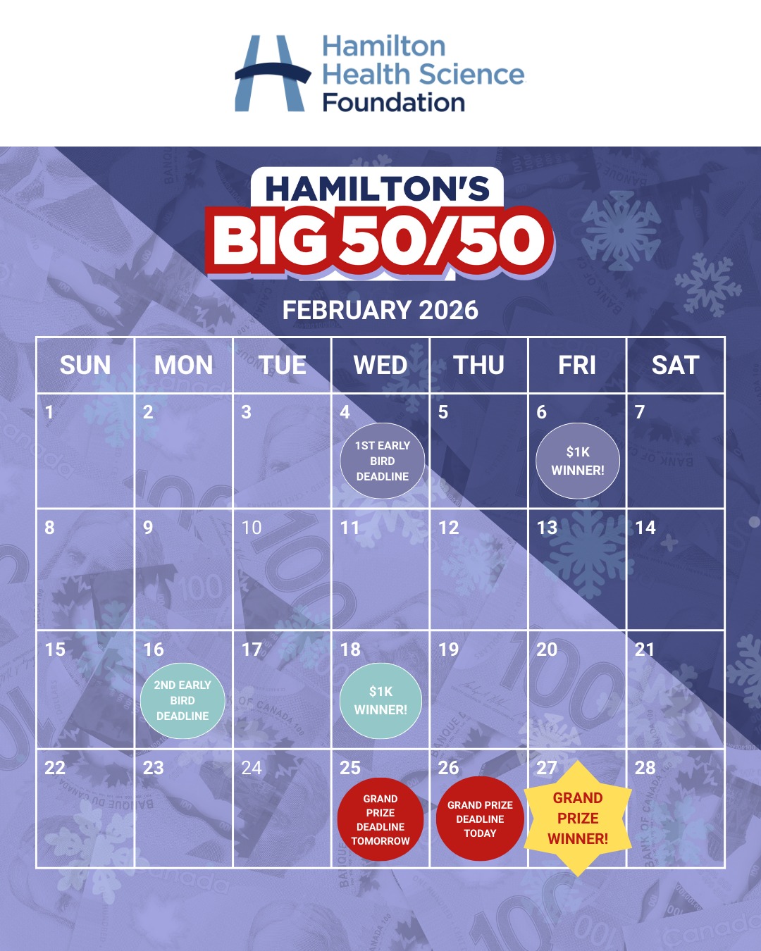 🚨 BIG DATES. BIGGER WINS. 🚨 

Hamilton’s BIG 50/50 is packed with chances to win  and every ticket supports healthcare innovation right here in our community! 💙 

🎟️ Here’s what’s coming up: 
💰 EARLY BIRD DRAW #1 
🗓️ Deadline: February 5 
🎉 Winner announced: February 6
💵 Win $1,000 cash! 

💰 EARLY BIRD DRAW #2
🗓️ Deadline: February 17 
🎉 Winner announced: February 18 
💵 Another $1,000 cash up for grabs! 

⭐ GRAND PRIZE DRAW 
🗓️ Deadline: February 26 
🎉 Winner announced: February 27 
🏆 One lucky winner takes home the Grand Prize jackpot! 

Every ticket is a chance to win and to support life-changing care close to home. ❤️ 

🎫 Get your tickets now: https://bit.ly/4t0TjPW

#HamiltonBIG5050 #SupportLocalHealthcare #CommunityFirst #HamONT