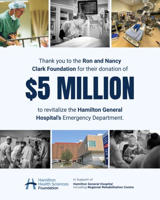 An extraordinary gift for our community 💙 

The Ron and Nancy Clark Foundation has donated $5 million to revitalize the Emergency Department at Hamilton General Hospital — supporting care for more than 50,000 patients each year. This transformational project will expand patient areas, reduce wait times, and enhance emergency care at the region’s busiest ED. 

For over a decade, the Ron and Nancy Clark Foundation has championed exceptional care at Hamilton Health Sciences. Their generosity continues to make a profound difference for patients and families across our region. 

Thank you for helping strengthen specialized emergency care when patients need it most 🏥✨ 

Learn more at the link in bio
