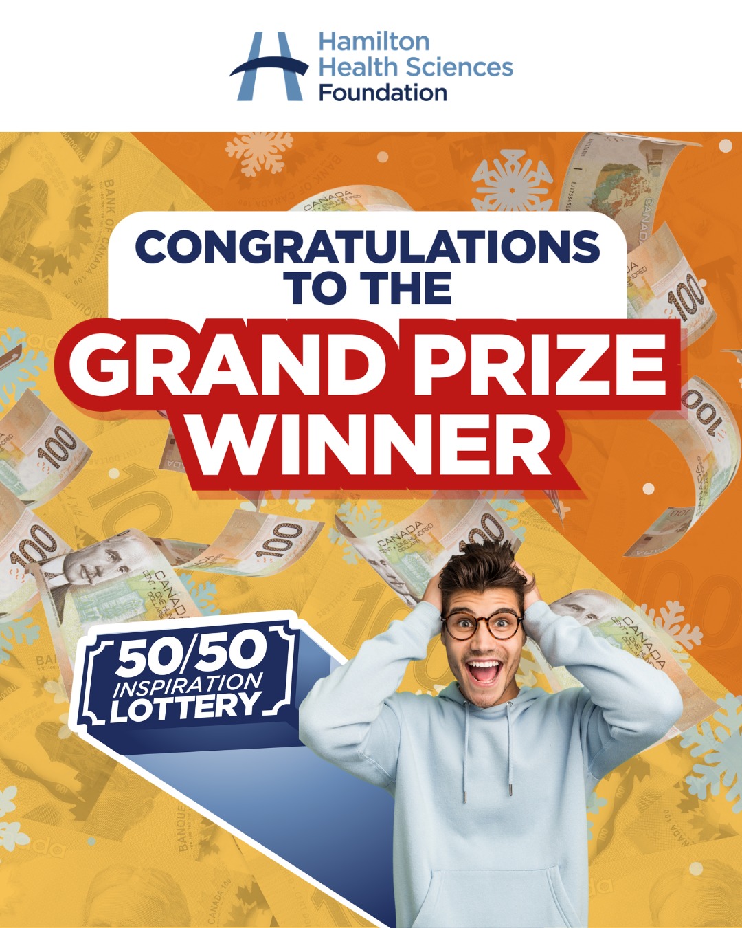 We have a winner!🎉 

A huge congratulations to James B. of Hamilton, ON, on being our 50/50 Inspiration Lottery Grand Prize Winner! We hope this prize brings you endless joy and new possibilities. 💰 

To everyone who purchased a ticket—thank you! Your support helps provide life-saving care, cutting-edge research, and essential medical equipment for patients in our community. 

Because of you, we're making a difference in healthcare, together!💙