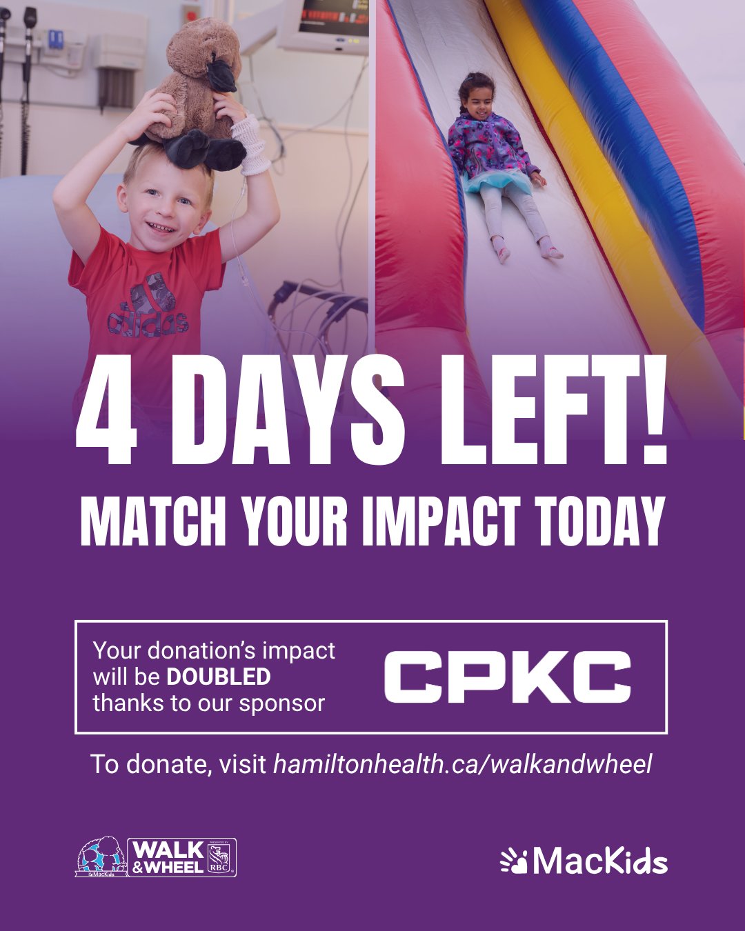 65% of the goal has been accomplished!
There’s still time to give, thanks to @cpkcrail, every donation is being matched up to $10,000 in support of MacKids Walk and Wheel.
Your gift today will go twice as far to support life-changing care at McMaster Children’s Hospital and Ron Joyce Children’s Health Centre.
Let’s unlock the full match before April 19.
👉 Donate now!
#WalkAndWheel #MacKids #DoubleYourImpact