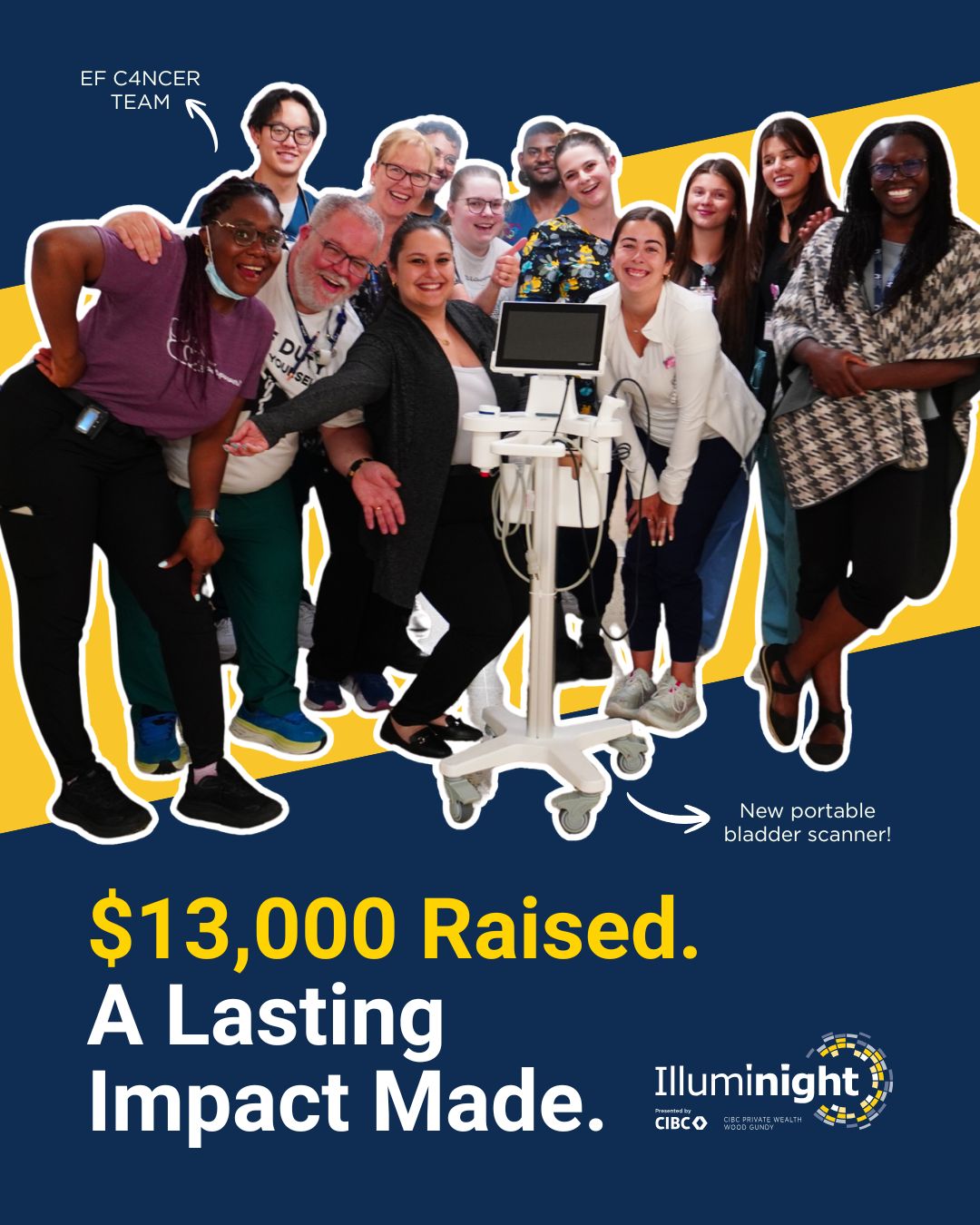 Last year, EF C4ncer claimed the title of Illuminights's top hospital fundraising team, raising more than $13,000. 

Their reward was a $10,000 Priority Equipment Grant, which they used to purchase a new portable bladder scanner for their unit. 

Today, it's already helping make care more efficient for both staff and patients.

As the team shared: "We're fundraising for every person whose life has been changed by cancer – family, friends, and patients – and to continue to encourage hope in the process of finding a cure for future generations."

Ready to make an impact? Register, fundraise, donate, and help bring vital equipment and enhanced care to Juravinski Hospital and Cancer Centre.

💙 Link in bio