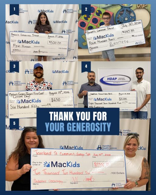Thank you to our generous partners who continue to support and transform care for patients and families across our region. 💙 

1️⃣ Amelia’s Lemonade Stand 🍋✨ 
Thank you to Amelia for raising $500 for the Neonatal Intensive Care Unit at McMaster Children’s Hospital! We cannot thank you enough for making a difference in the lives of patients and families who rely on the NICU. 

2️⃣ Bennett’s Lemonade Stand 🍋 
A huge thank you to Bennett for raising an incredible $440.35 through his lemonade stand this year! Thanks for choosing to make such a meaningful difference in the lives of children and their families in the Neonatal Intensive Care Unit at McMaster Children’s Hospital. 

3️⃣ Mateo’s Green Jacket 2026 Free Golf Lesson Day ⛳ 
A heartfelt thank you to Carlo for organizing the 2026 Mateo’s Green Jacket Free Golf Lesson Day! Carlo is a proud C.G.T.F.- certified teaching professional who offered golf lessons to students while collecting donations in support of McMaster Children’s Hospital. Carlo surpassed his fundraising goal, raising $650 for MacKids. We are incredibly grateful for Carlo’s longstanding support of our mission. @offthetee.ca 

4️⃣ Hamilton Discount Auto Parts and Supplies 🚗 
A big thank you to Hamilton Discount Auto Parts and Supplies (HDAP) for your continued support of MacKids! HDAP proudly fundraises for the highest-priority needs at McMaster Children’s Hospital through its annual trade show and summer golf tournament. This year, HDAP raised a total of $8,705 through these two events. Thank you for continuing to support care teams, patients and their families. @hdapautoparts 

5️⃣ Treeland St. Community Garage Sale 🏡 
Thank you to Jessica Velji Real Estate and her team for their incredible efforts organizing the second annual Treeland St. Community Garage Sale. The event took place in Burlington, bringing people together while raising funds for the Pediatric Oncology Unit at McMaster Children’s Hospital. Through their passion and dedication, Jessica Velji and her team doubled their fundraising from last year, raising more than $2,200. We are truly grateful for their ongoing support! @jessicavelji.realestate