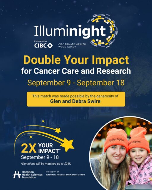 Double Your Impact for Cancer Care and Research ✨ 

From September 9 to 18, every donation to Illuminight will be matched (up to $26,000) thanks to the generosity of Glen and Debra Swire.

That means your gift can go 2x as far in supporting world-class cancer care and groundbreaking research at Juravinski Hospital and Cancer Centre. 

Make your impact count twice. Give during Match Week. 💙

🔗 Link in bio to donate!
