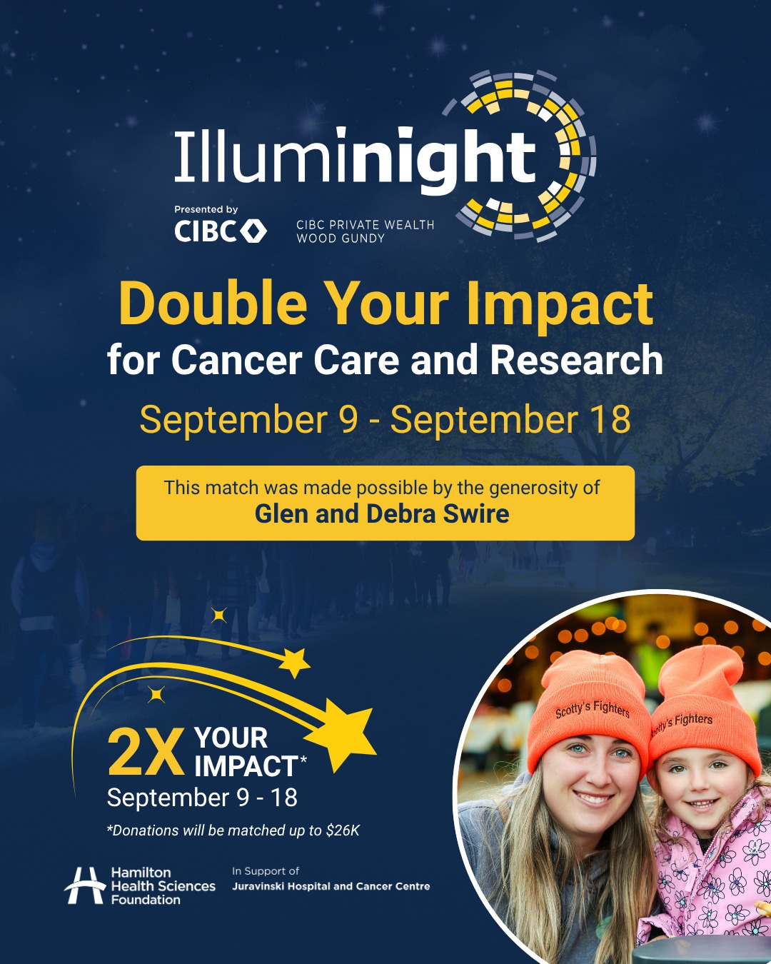 Double Your Impact for Cancer Care and Research ✨ 

From September 9 to 18, every donation to Illuminight will be matched (up to $26,000) thanks to the generosity of Glen and Debra Swire.

That means your gift can go 2x as far in supporting world-class cancer care and groundbreaking research at Juravinski Hospital and Cancer Centre. 

Make your impact count twice. Give during Match Week. 💙

🔗 Link in bio to donate!