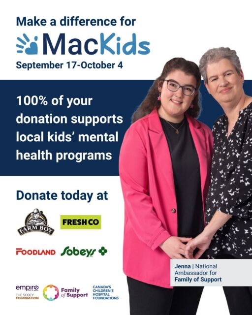 Every donation makes a difference. 💜

When you shop at participating @Sobeys, @OfficialFarmboy, @Foodland_ON, and @FreshCoGrocery locations from September 17-October 4, consider making a donation at checkout in support of the Family of Support program. 

Together, we're helping children, youth, and families access critical mental health care across our region. 

100% of donations go to support kids' mental health programs at McMaster Children's Hospital.