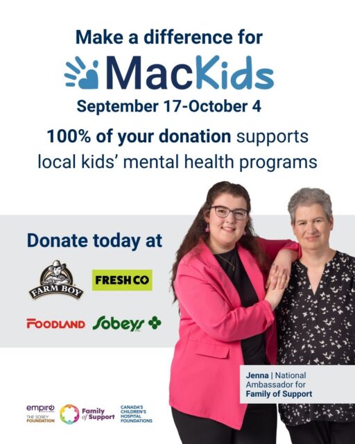Every donation makes a difference. 💜

When you shop from September 17-October 4 at participating @Sobeys, @OfficialFarmboy, @Foodland_on, and @FreshCoGrocery locations, consider making a donation at checkout in support of the Family of Support program. 

Together, we're helping children, youth, and families access critical mental health care across our region. 

100% of donations made at local locations go to support kids' mental health programs at McMaster Children's Hospital.