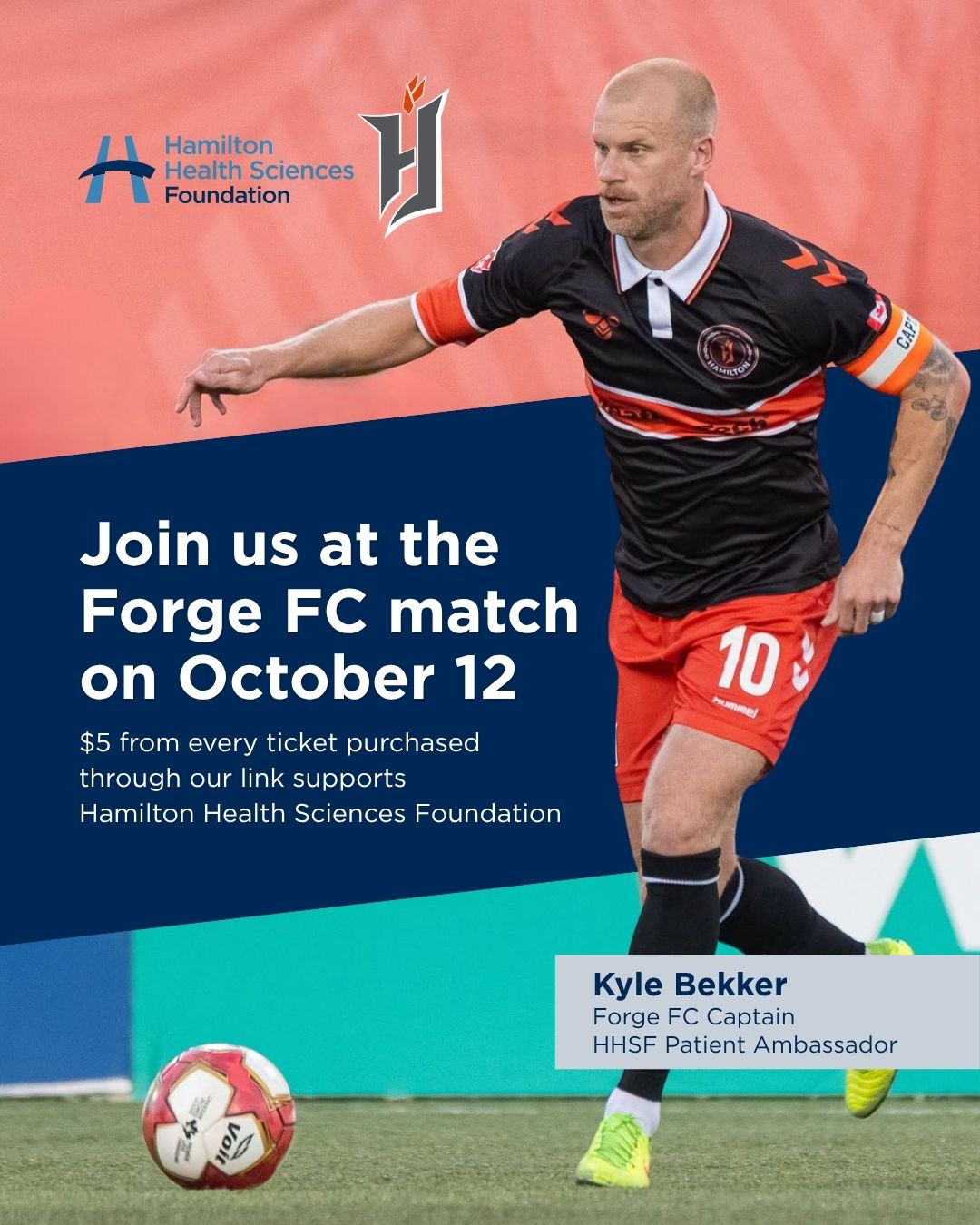 Join us on October 12 as Forge FC takes the pitch! ⚽
When you purchase your tickets through our exclusive link, $5 from every ticket sold will support Hamilton Health Sciences Foundation.
Bring your friends, wear your Forge FC colours and cheer on the home team while giving back to health care in our region. 🧡
🎟️ Get your tickets through the link in our bio.