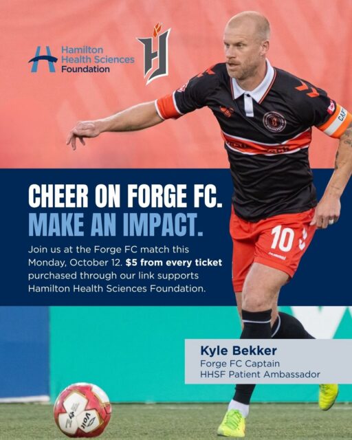 Looking for something fun to do this long weekend? 

Join us Monday, October 12 as Forge FC takes the pitch and helps support patient care across our region. 

🎟️ There’s not much time left to get your tickets! When you purchase through our exclusive link, $5 from every ticket sold will be donated to Hamilton Health Sciences Foundation. 

Bring your family, invite your friends and spend Thanksgiving Monday cheering on Forge FC while making a difference for patients across Hamilton Health Sciences. 

👉 Get your tickets through the link in our bio.