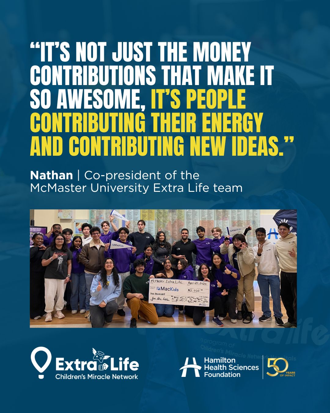 When Nathan discovered Extra Life during his first year at McMaster University, he found more than a way to combine his love of gaming and helping others. He found community.
Now co-president of the McMaster University Extra Life team, Nathan has seen firsthand how gamers come together to make a difference for kids at McMaster Children's Hospital. From creative fundraising challenges to the team's annual game-a-thon, every effort helps support the care, treatment and experiences that children and families rely on.
"Those little things give people the strength to keep going. That's why the mission means so much to me."
Ready to game for good? Learn more about getting involved with Extra Life through the link in our bio.