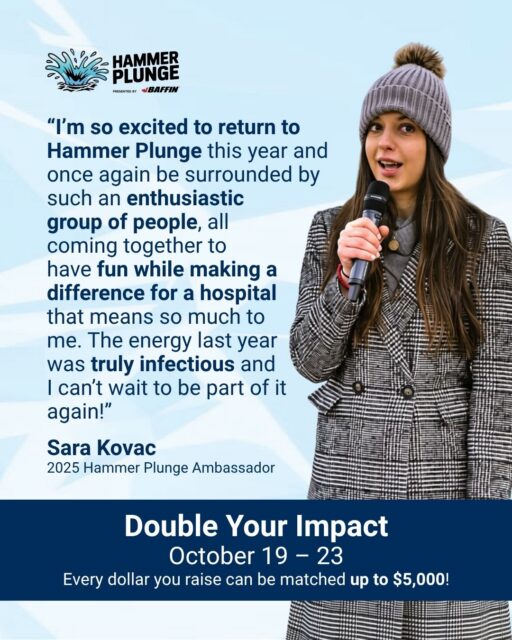 This week, your gift can go twice as far. 

Thanks to a $5,000 matching gift from The Peter Pursall Foundation, every donation will be matched dollar for dollar until the full match is reached. 

We're grateful to have last year's patient ambassador, Sara, joining us again for Hammer Plunge 2026. 

Make your gift today and double your impact through the link in our bio.
