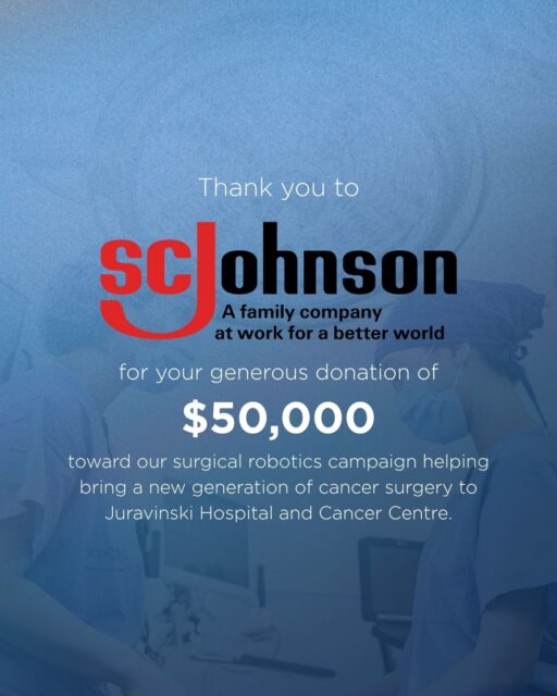 A wonderful gift is helping move the future of cancer surgery forward. ❤️
Thank you to SC Johnson for donating $50,000 to our robotics campaign to bring a new da Vinci Surgical Robotic System to Juravinski Hospital and Cancer Centre.
This investment will help surgeons perform complex cancer surgeries with greater precision through a minimally invasive approach, supporting faster recovery and better outcomes for patients across our region.
Together, we’re raising $3 million to bring the next generation of cancer surgery to Hamilton. Every gift brings us one step closer.
Join us in changing what’s possible for cancer patients.
Donate today through the link in our bio.