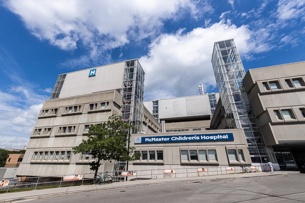 The exterior of McMaster Children's Hospital building in Hamilton, Ontario, Canada